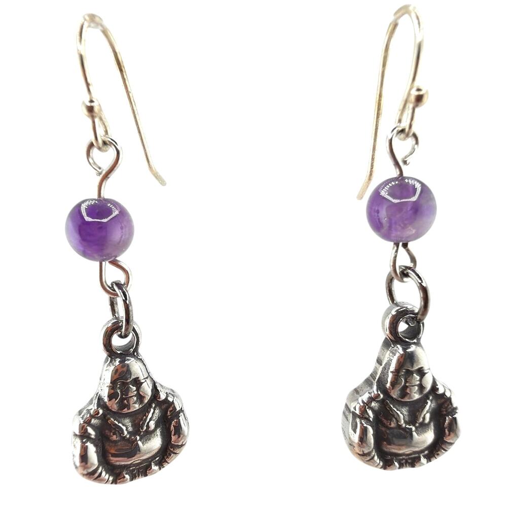 New Handcrafted Artisan Buddha Charm and Amethyst Dangle Earrings